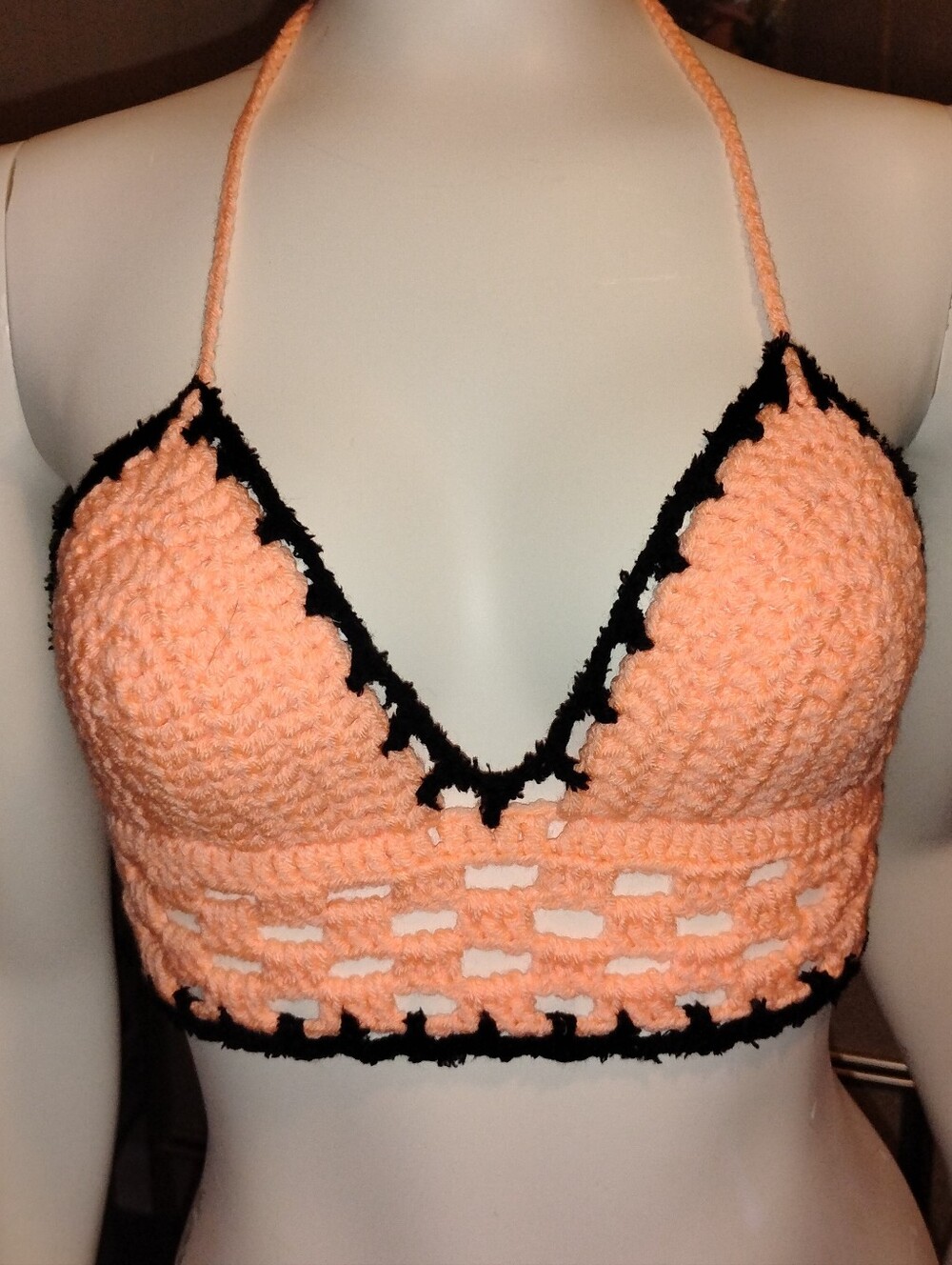 Peach Crochet Bralette with Black Trim - Women's Top